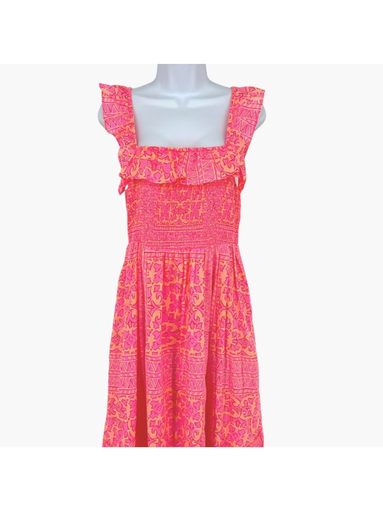 Vineyard Vines Neon Tortola Smocked Midi Dress Vibrant Pink Orange Size Medium — image 2 of 8